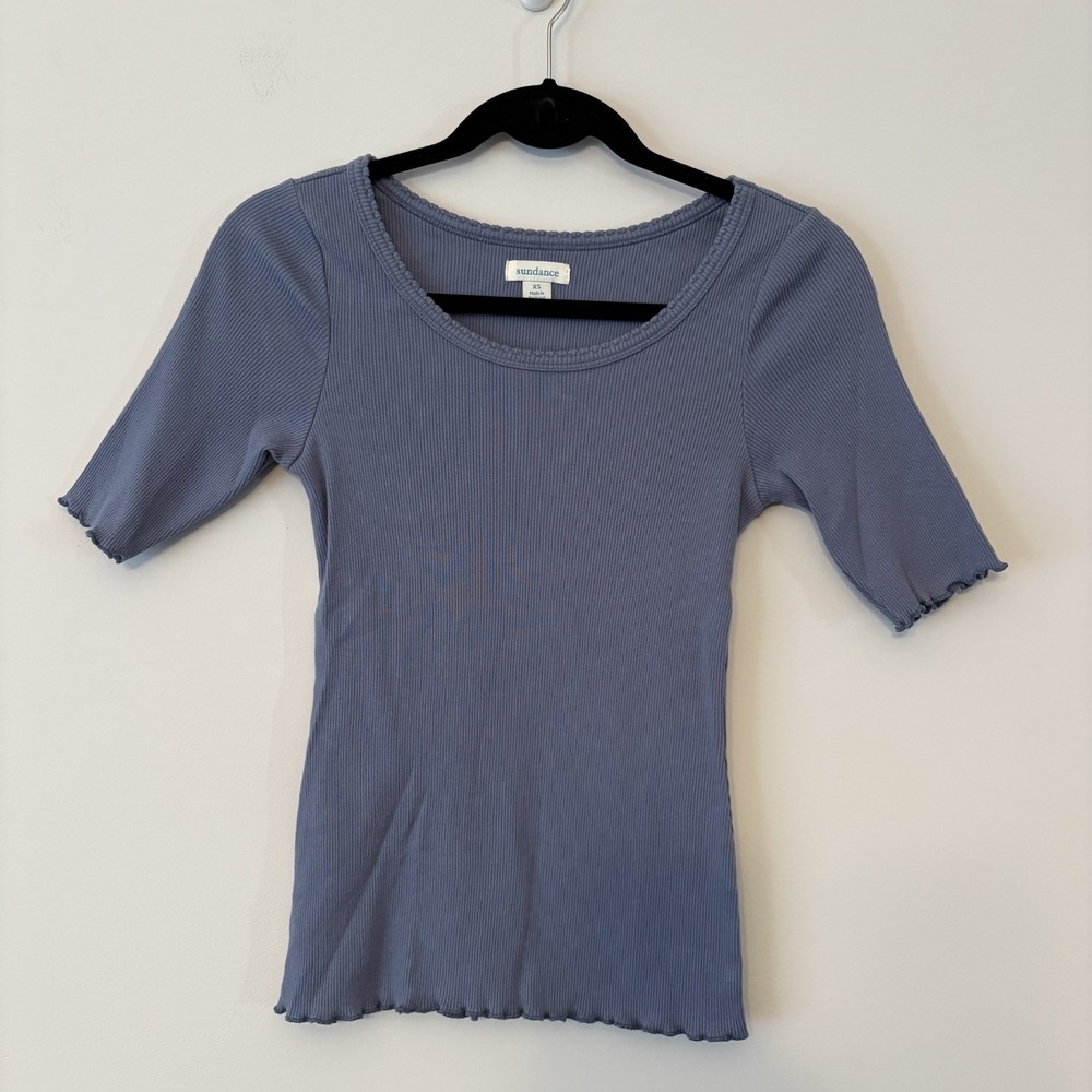Sundance 100% Cotton Ribbed Shirt Blue XS Lettuce Hem Stretch Casual Minimalist